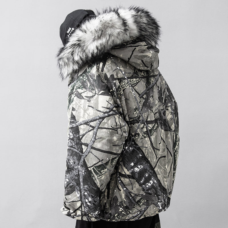 Big Fur Collar Camouflage Mountain Carving Cotton Jacket Cotton Coat