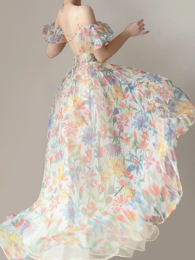Floral Sling Holiday Puff Sleeve Dress