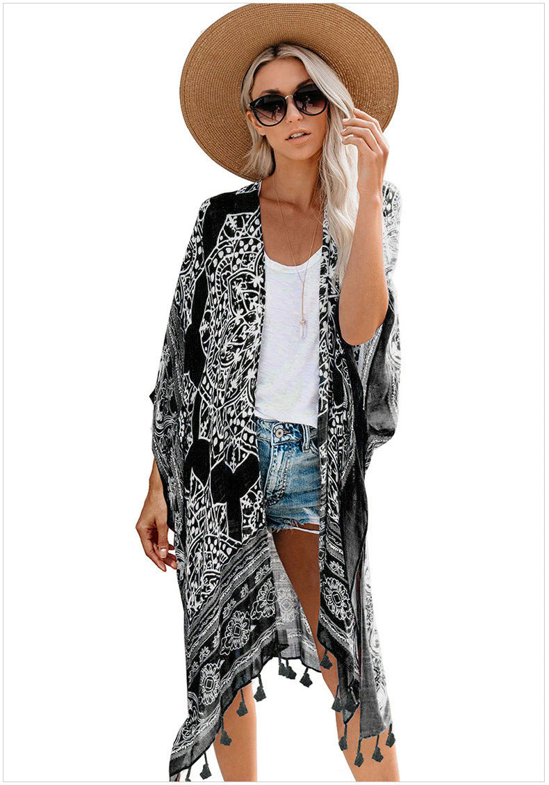 Printed Casual Mid-length Fringe Blouse Women's Cardigan Jacket