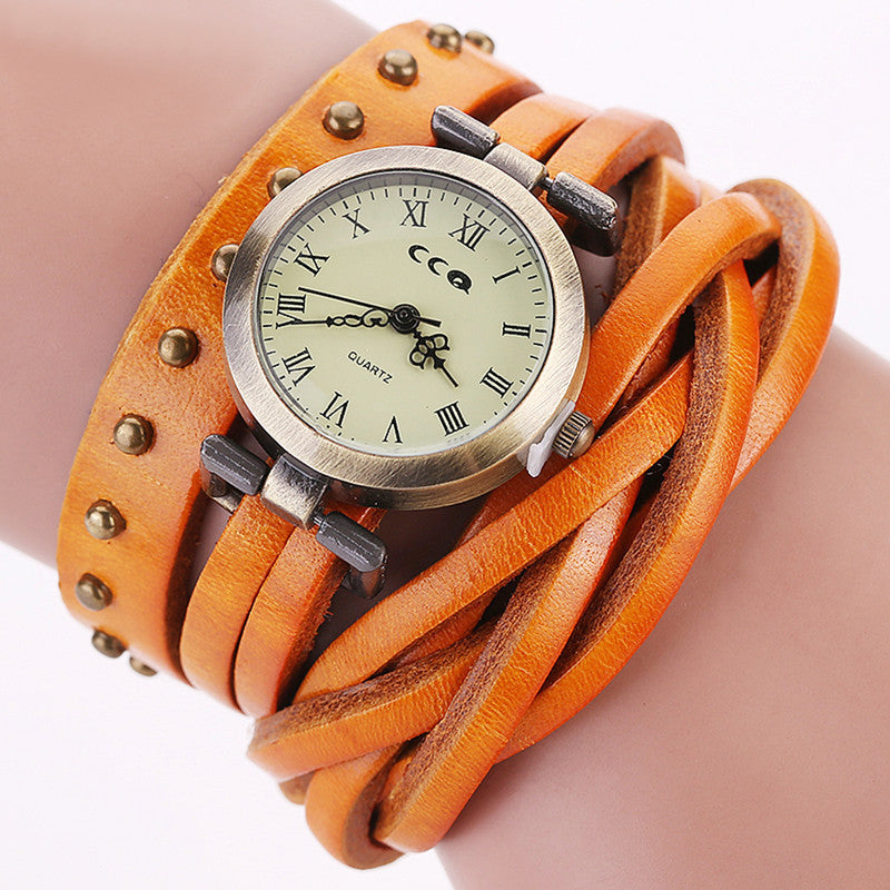 Cowhide Dough-twist Style Plaits Retro Rivet Wrist Watch
