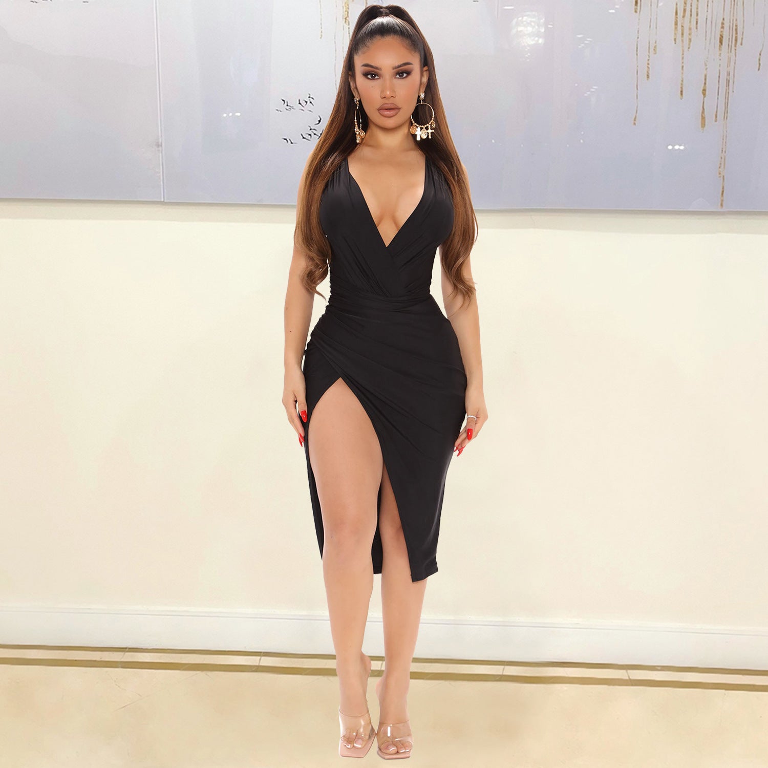 Black Irregular Mid-length Split Dress
