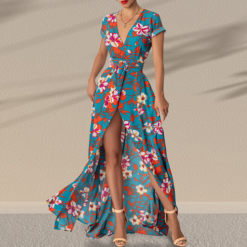 Printed Waist-controlled Long Split Dress