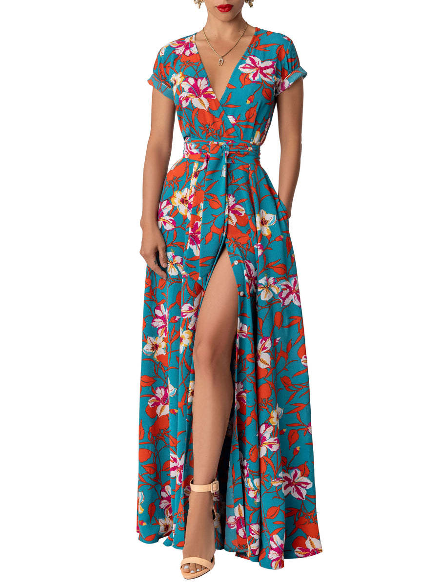 Printed Waist-controlled Long Split Dress