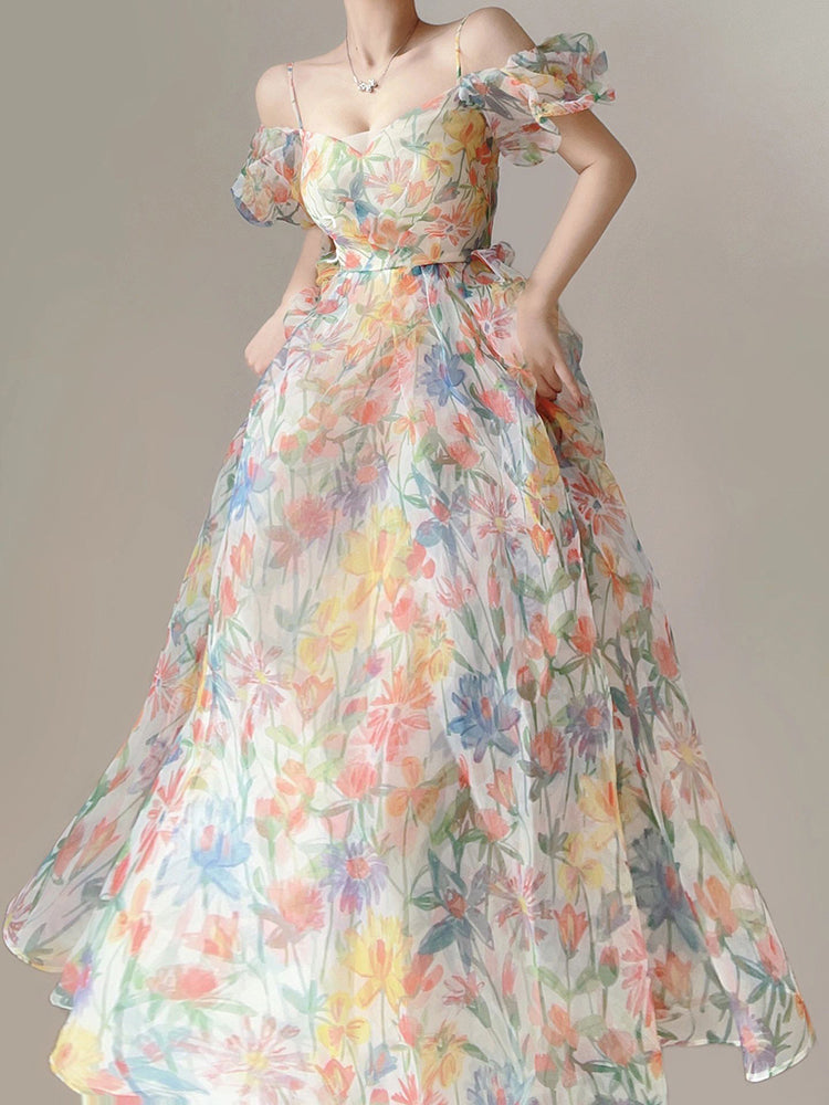 Floral Sling Holiday Puff Sleeve Dress