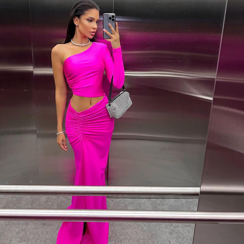 Oblique Shoulder Pleated Midriff Outfit Split Dress