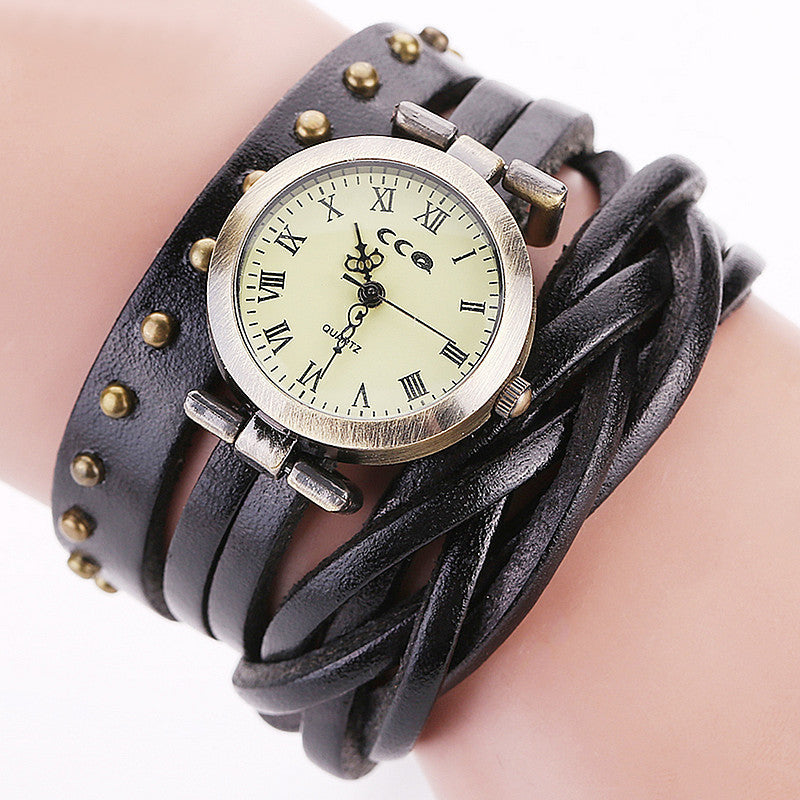 Cowhide Dough-twist Style Plaits Retro Rivet Wrist Watch