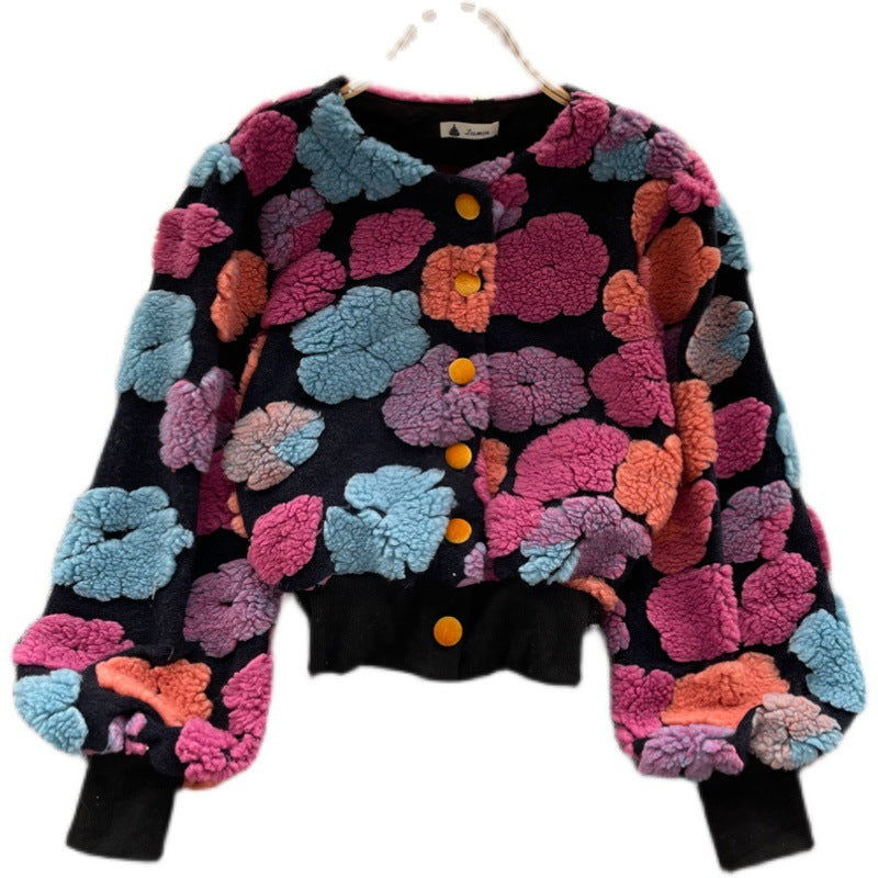 Retro Three-dimensional Flower Temperament Slim Single-breasted Cardigan Short Jacket Jumper Women
