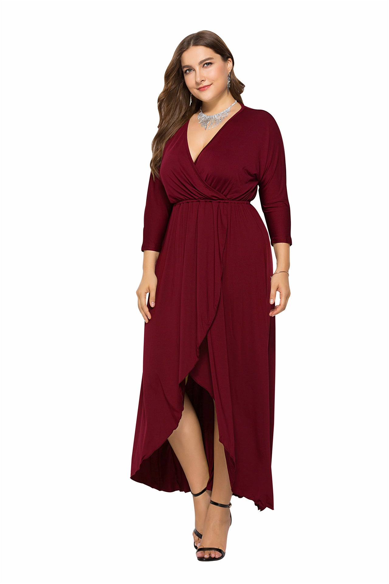 Plus Size Autumn Winter Standard Size Sexy V-neck Batwing Sleeve Large Swing Sheath Solid Color Dress