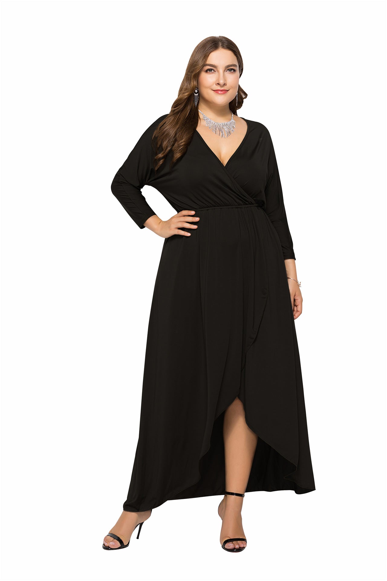 Plus Size Autumn Winter Standard Size Sexy V-neck Batwing Sleeve Large Swing Sheath Solid Color Dress