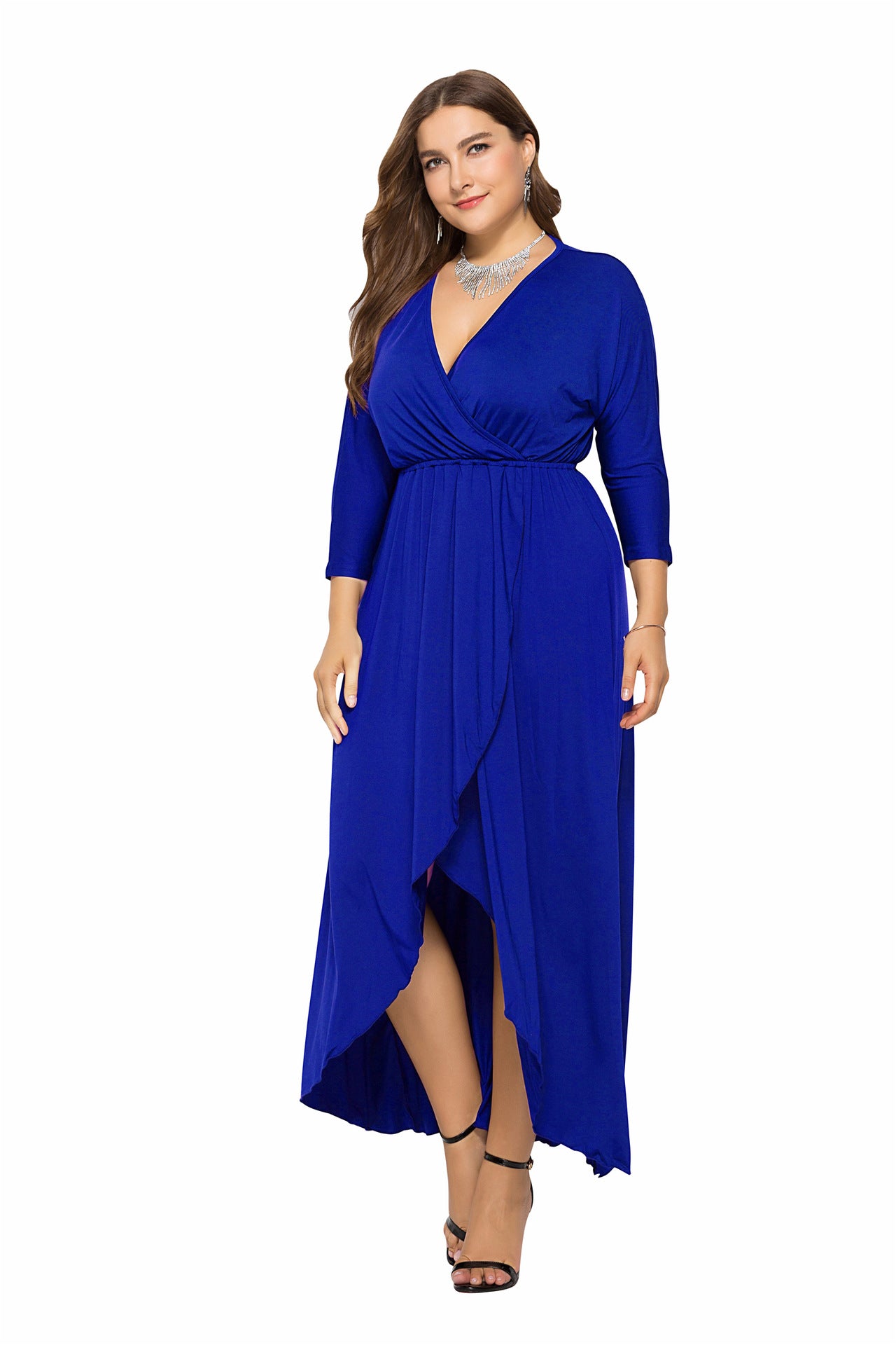 Plus Size Autumn Winter Standard Size Sexy V-neck Batwing Sleeve Large Swing Sheath Solid Color Dress
