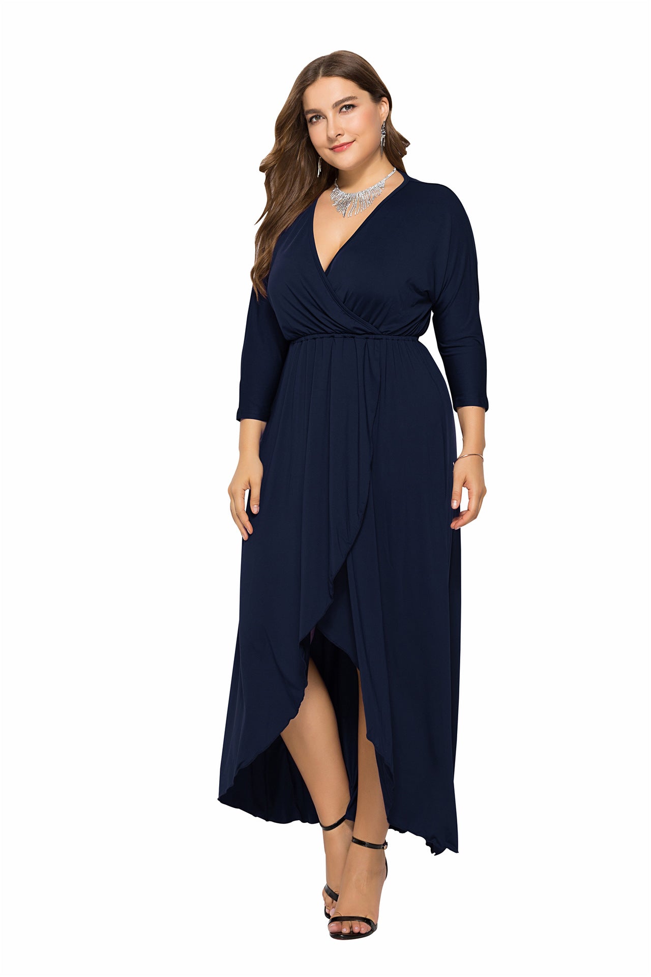 Plus Size Autumn Winter Standard Size Sexy V-neck Batwing Sleeve Large Swing Sheath Solid Color Dress