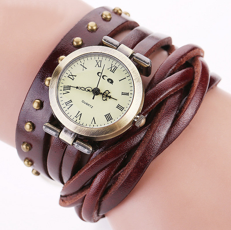 Cowhide Dough-twist Style Plaits Retro Rivet Wrist Watch