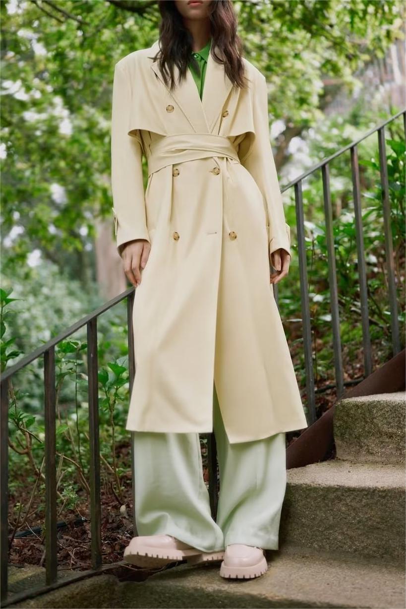 Spring Autumn Casual Women Blazer Collar Button Decoration Faux Leather Belt Trench Coat