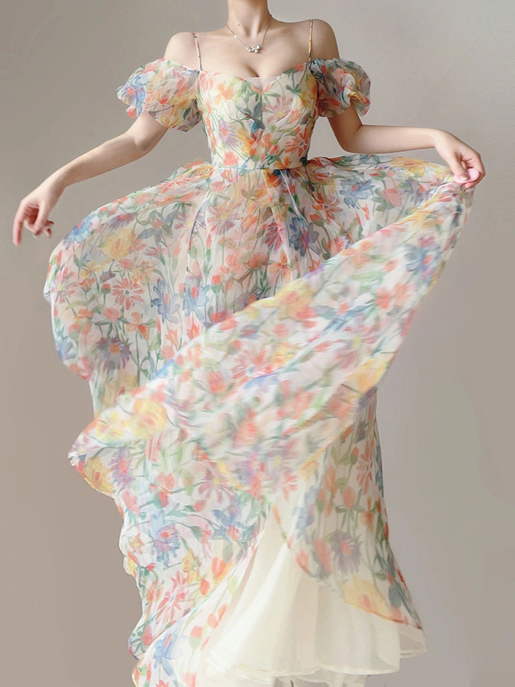 Floral Sling Holiday Puff Sleeve Dress