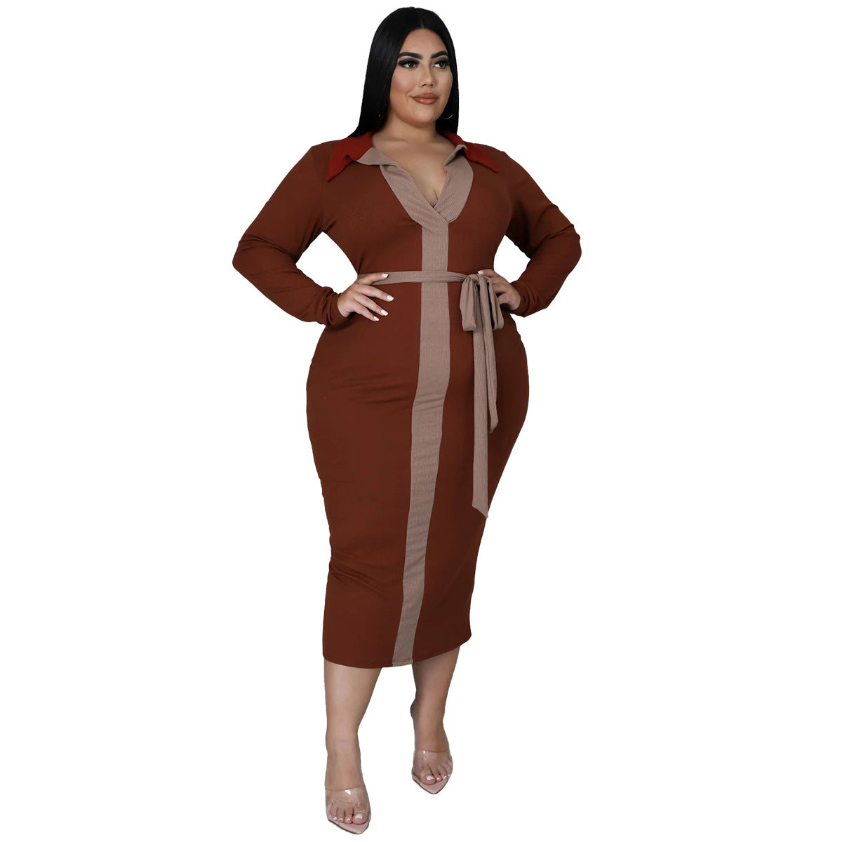 Plus Size Women Clothing Autumn Winter Multi-Color Mosaic Lace-up Elegant Sexy Dress for Women