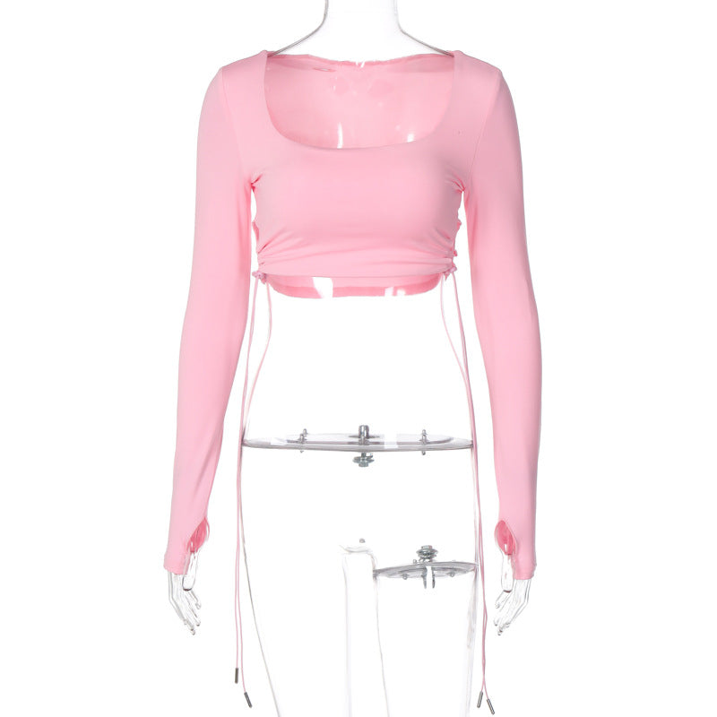 Sexy Long Sleeves Cropped T shirt Fall Women Clothing Solid Color U Collar Short Top