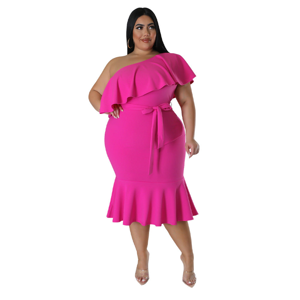 Plus Size Women Clothing Slim Casual Ruffled Tube Top Midi Dress