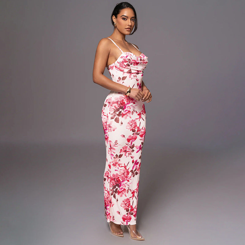 Fashionable Printed Collar Sling Dress Summer Slim Fit Figure Flattering Maxi Dress
