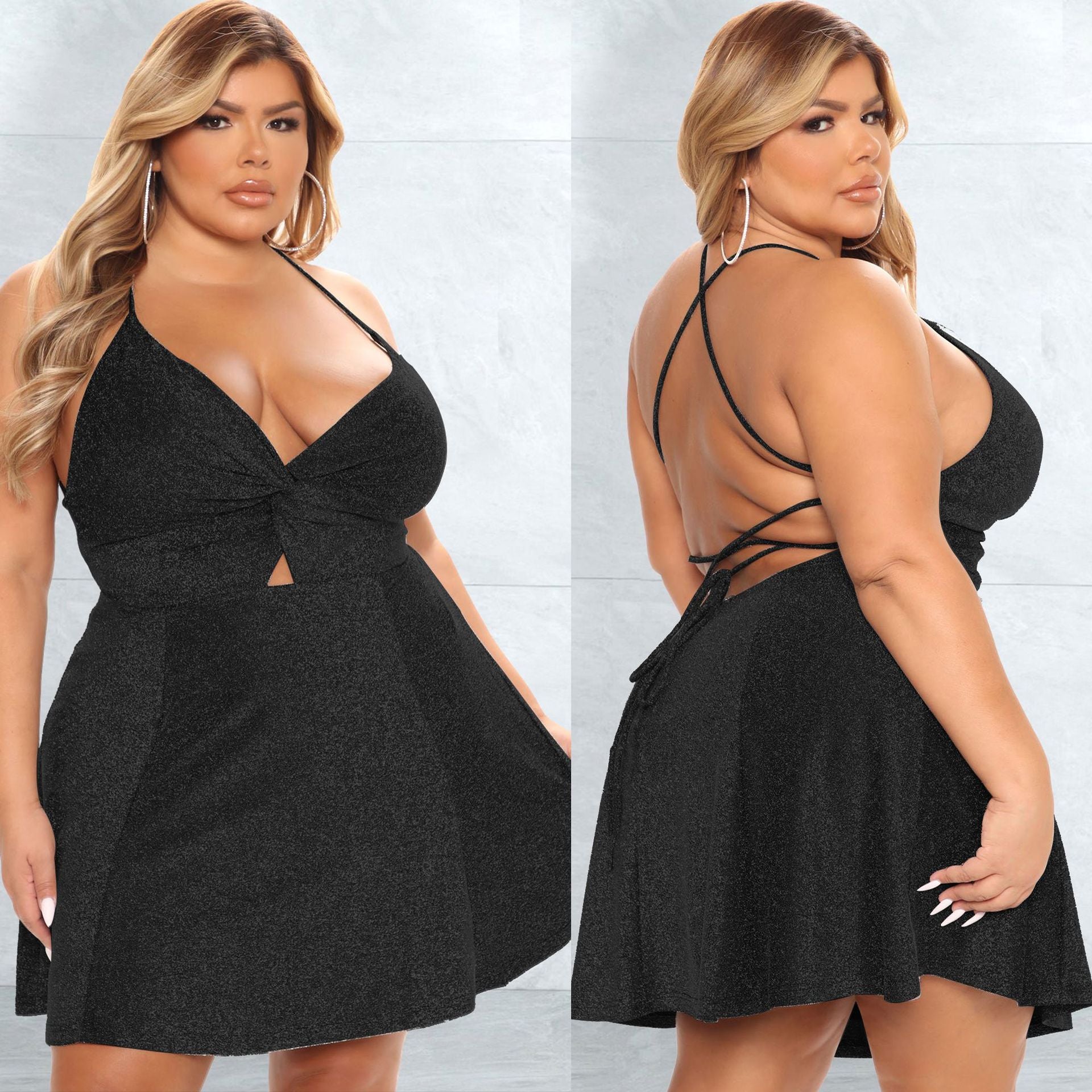 Plus Size Women Clothing Sexy Strap Dress Lace-up Backless Silver String Short Dress Women