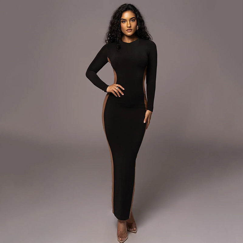Autumn Winter round Neck Long Sleeved Dress Women Sexy Split Dress