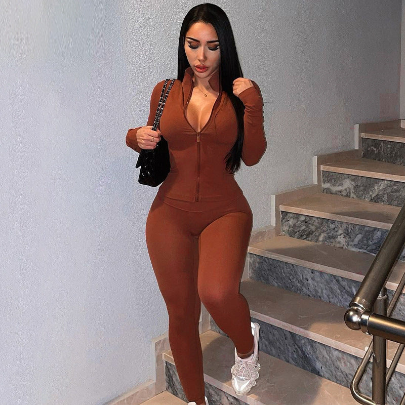 Plus Size Fall Winter Women Solid Color Zipper Casual Body Hugging Suit Women Sports Two Piece Set