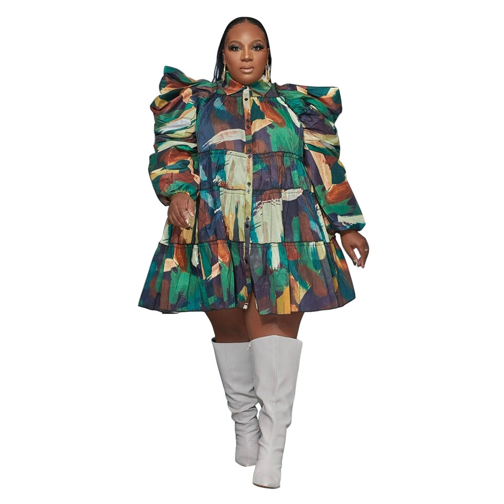 Plus Size Women Clothes Printed Ruffled Button Dress Shirt Dress
