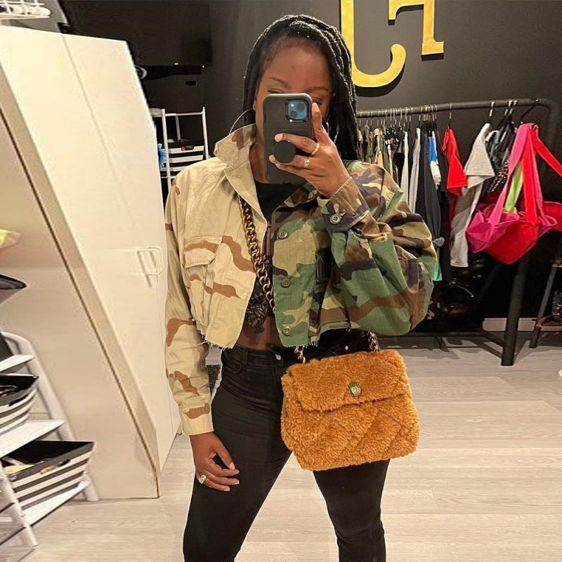 Autumn Personalized Trendy Contrast Color Tassel Washed Camouflage Jacket Women