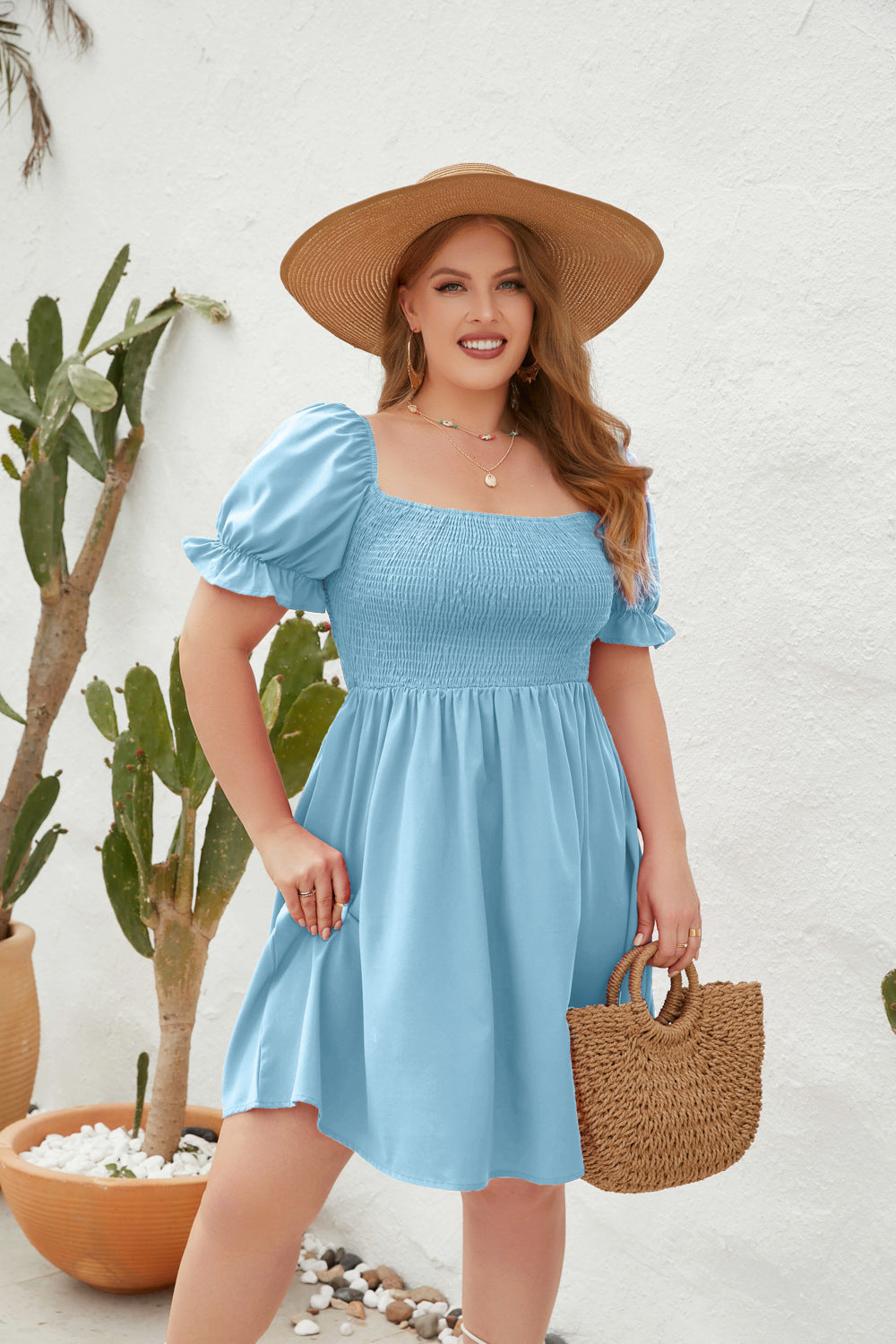 Plus Size Women Clothing Solid Color Casual Holiday Dress Travel Square Collar Smocking Puff Sleeve Dress