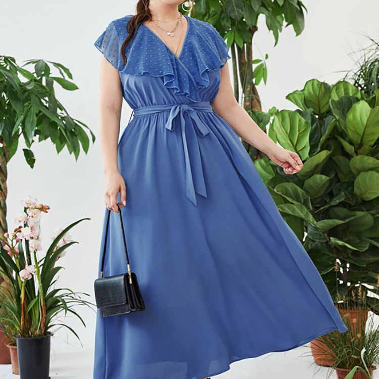Plus Size Maxi Dress Belly-Covering V-neck Elastic Waist Printed Dress Stitching