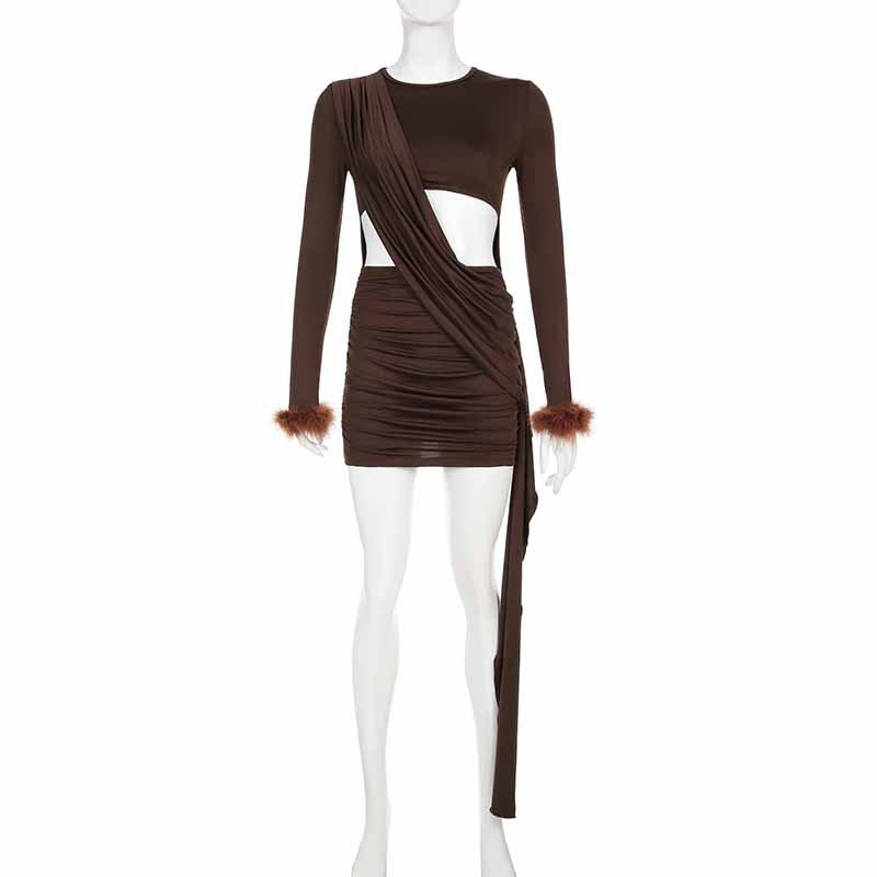 Autumn Winter Furry Long Sleeve Irregular Asymmetric Hollow Out Cutout Ruffle Hip Short Basic Elegant Dress