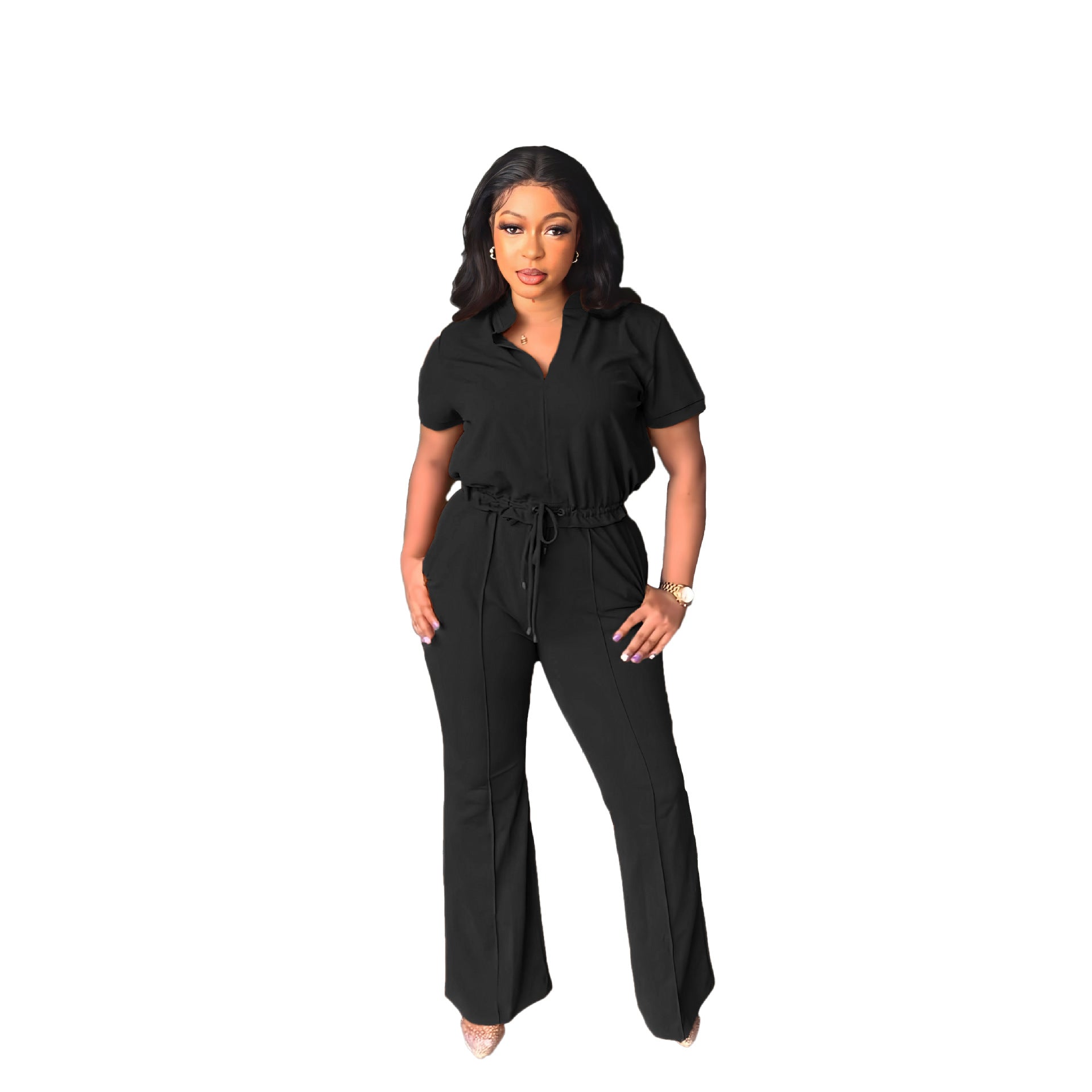V Neck Drawstring Workwear Short Sleeve Casual Flared Pants Two Piece Set