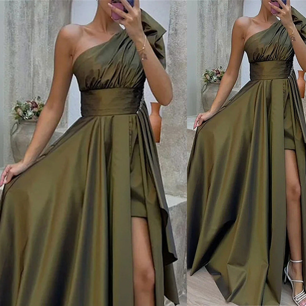 Spring Summer Women Clothing Diagonal Collar Strapless High Waist Irregular Asymmetric Dress Dress for Women