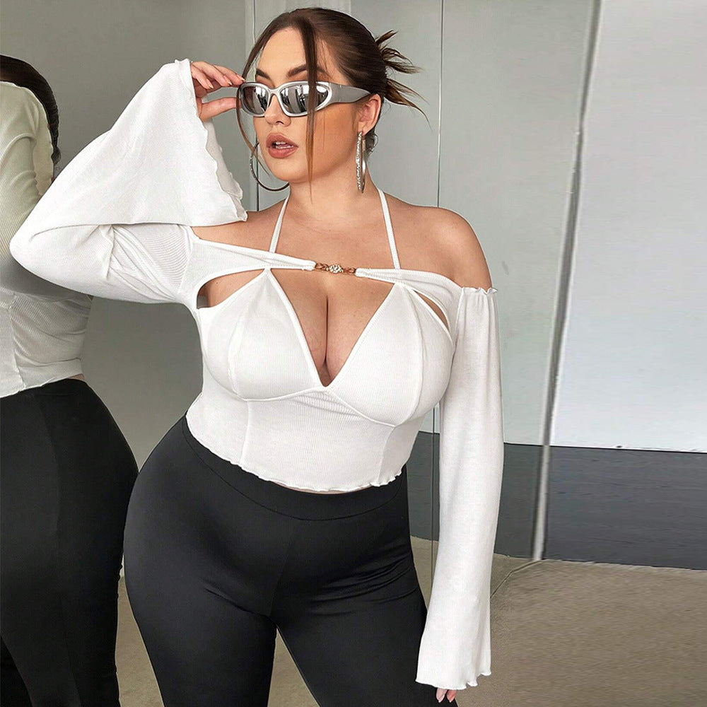 plus Size Women Clothes Autumn Winter Slim Fit Sexy off Shoulder off Shoulder Flared Long Sleeved Top