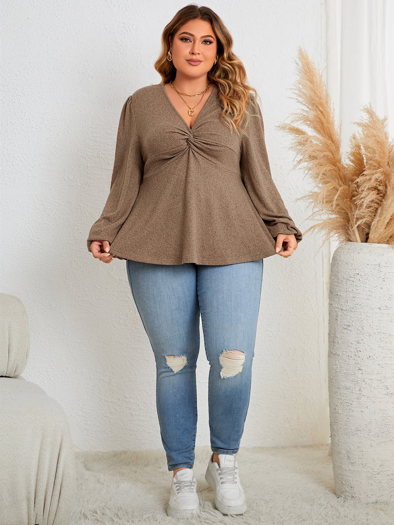 Autumn plus Size Women Solid Color V neck Long Sleeve Casual Top