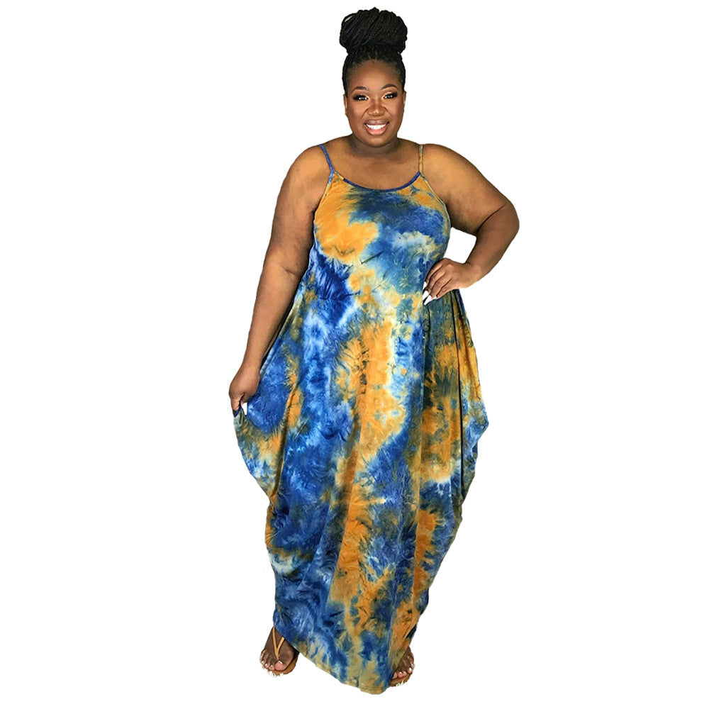 Plus Size Sundress Women Clothes Popular Tie-Dye Printed Loose Strap Ladies Irregular Asymmetric Dress