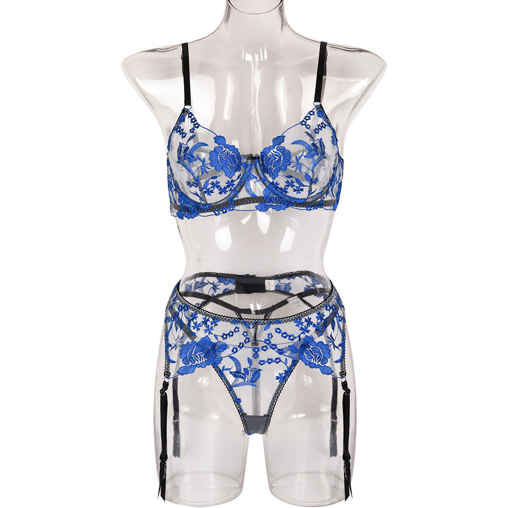 Sexy Three-Piece Set Embroidered Floral Stitching Heavy Craft Garter Underwear with Steel Ring