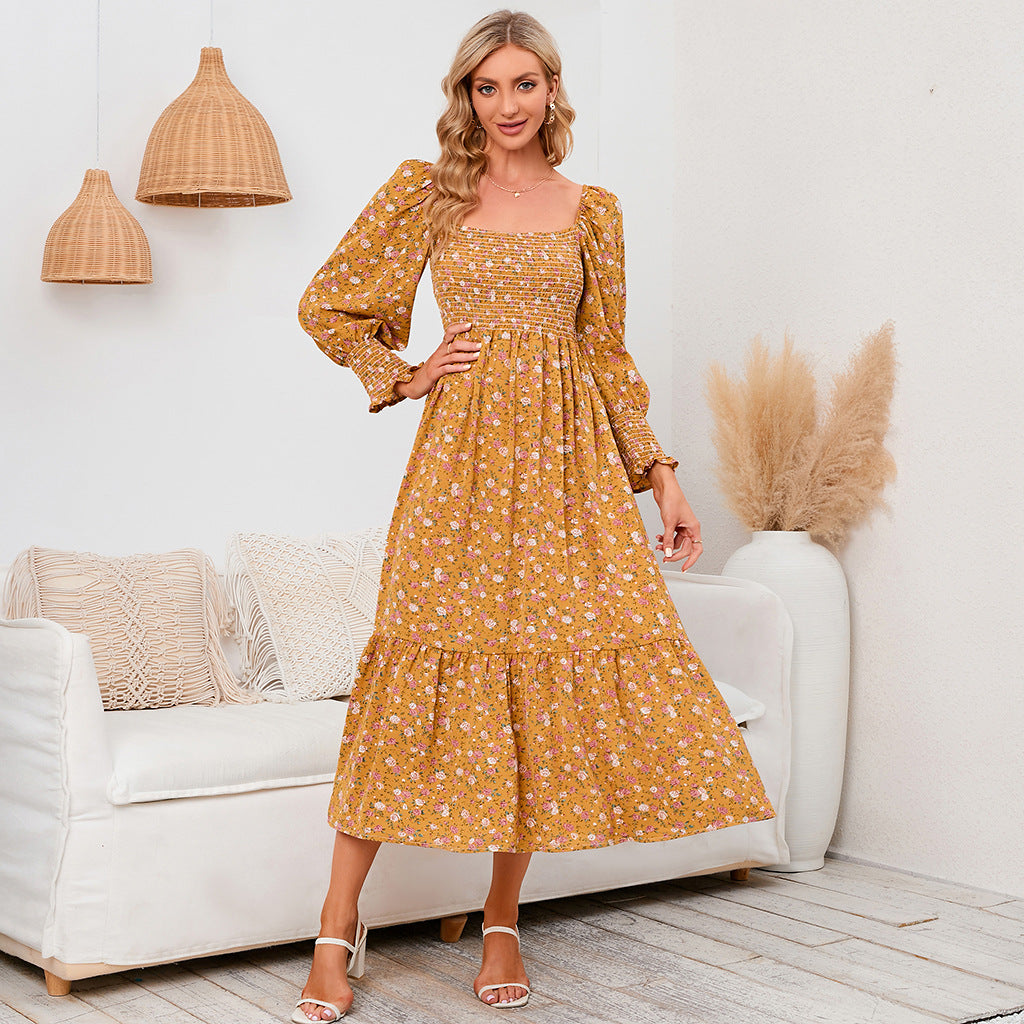 Spring Small Floral Dress Chiffon Long Sleeve Dress