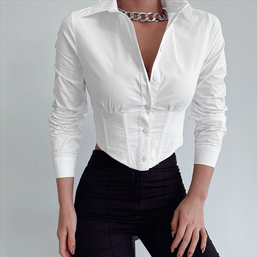 White High Waist Blouse Workplace Office Sexy Top Niche Design Shirt Women Clothing