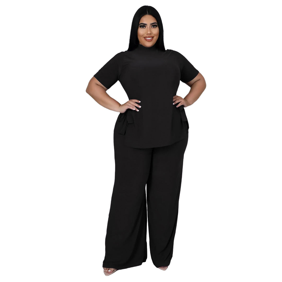 Plus Size Sexy Nightclub Uniforms Casual Lace-up Wide-Leg Pants Two-Piece Set Women Clothing