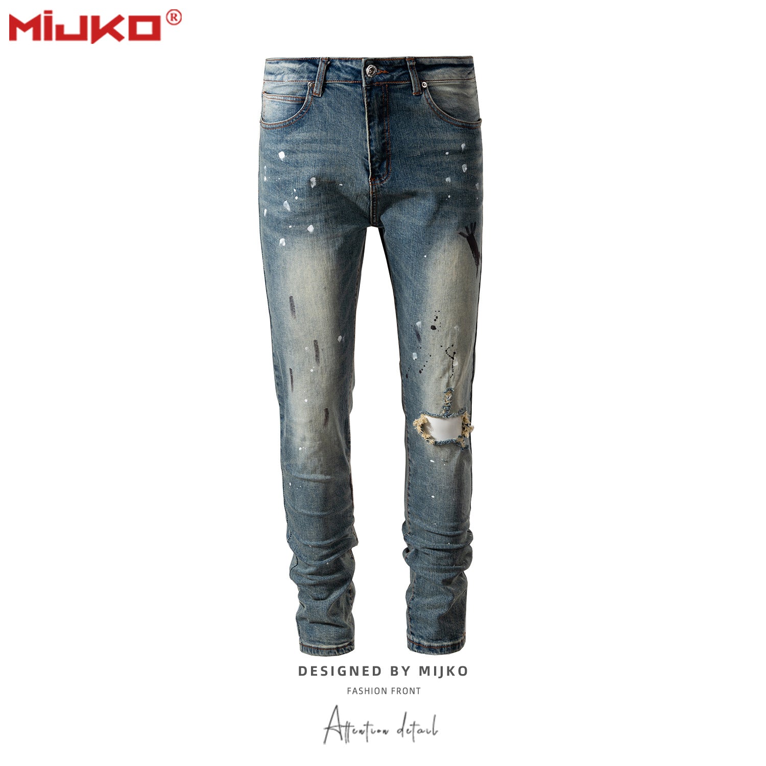Men's Women's Autumn And Winter Urban Ripped Paint Slim-fit Small Leg Trousers Trendy Washable Jeans For Men And Women