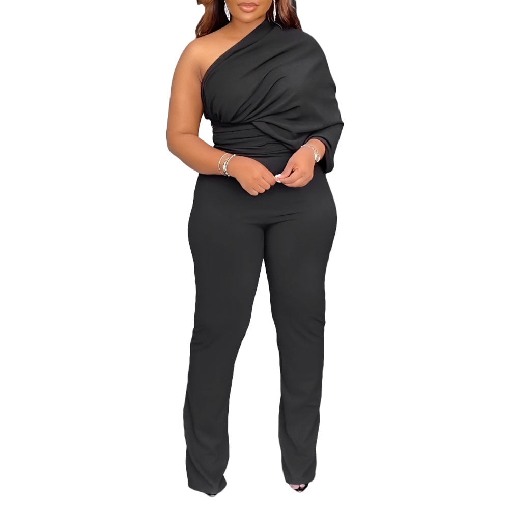 Women Clothing Summer Autumn Solid Color Irregular Asymmetric One Shoulder One Sleeve Pleated Jumpsuit