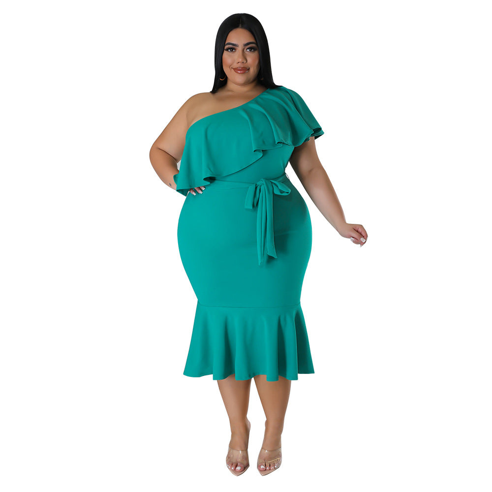 Plus Size Women Clothing Slim Casual Ruffled Tube Top Midi Dress