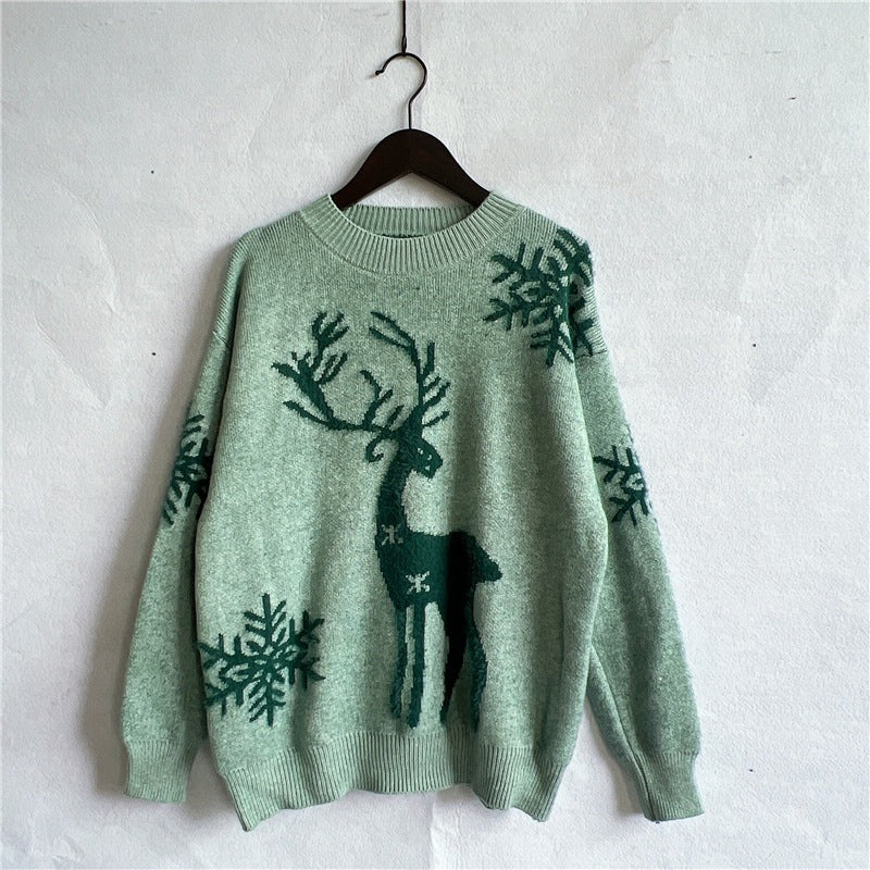 Autumn Winter round Neck Long-Sleeved Christmas Sweater Year Snowflake Deer Jacquard Knitted Pullover