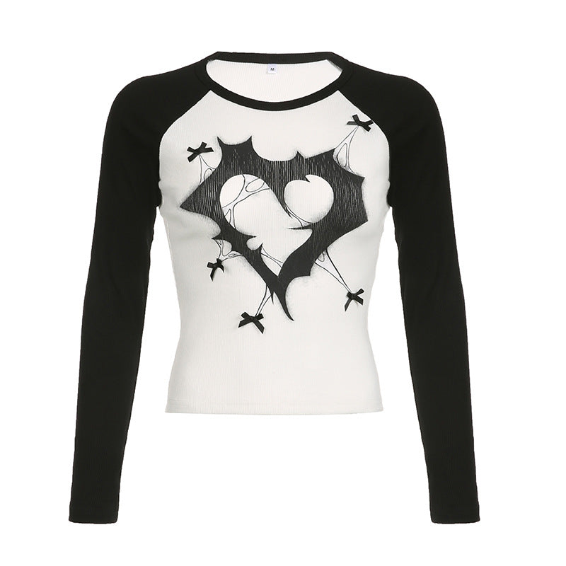 Bow Print Contrast Color Raglan T shirt Autumn Sexy Slim round Neck Threaded Long Sleeve Thin Top