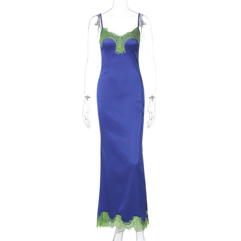 Women Clothing Winter Sexy Lace V Neck Patchwork Slim Strap Dress