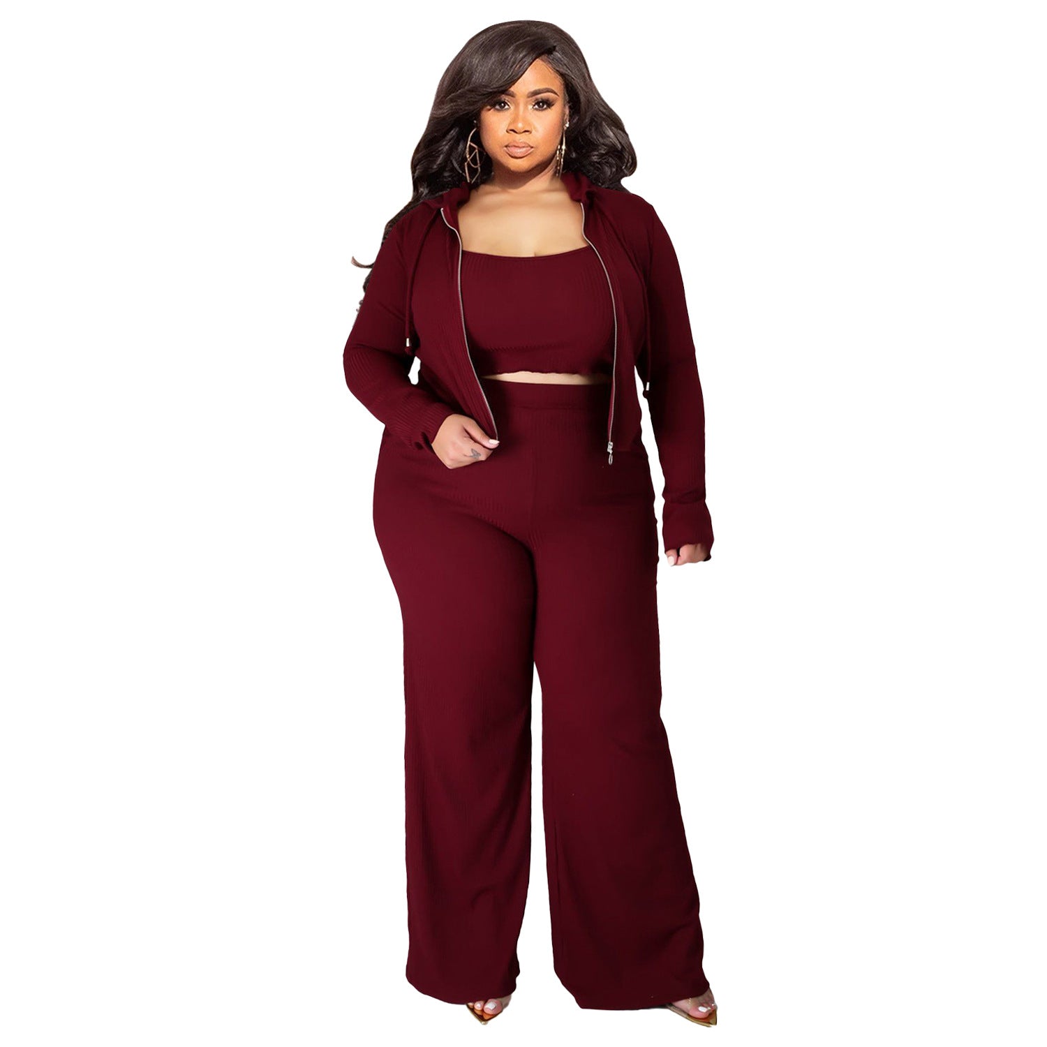 Plus Size High Elastic Sunken Stripe Three Piece Suit Sports Casual Sexy Women Clothing