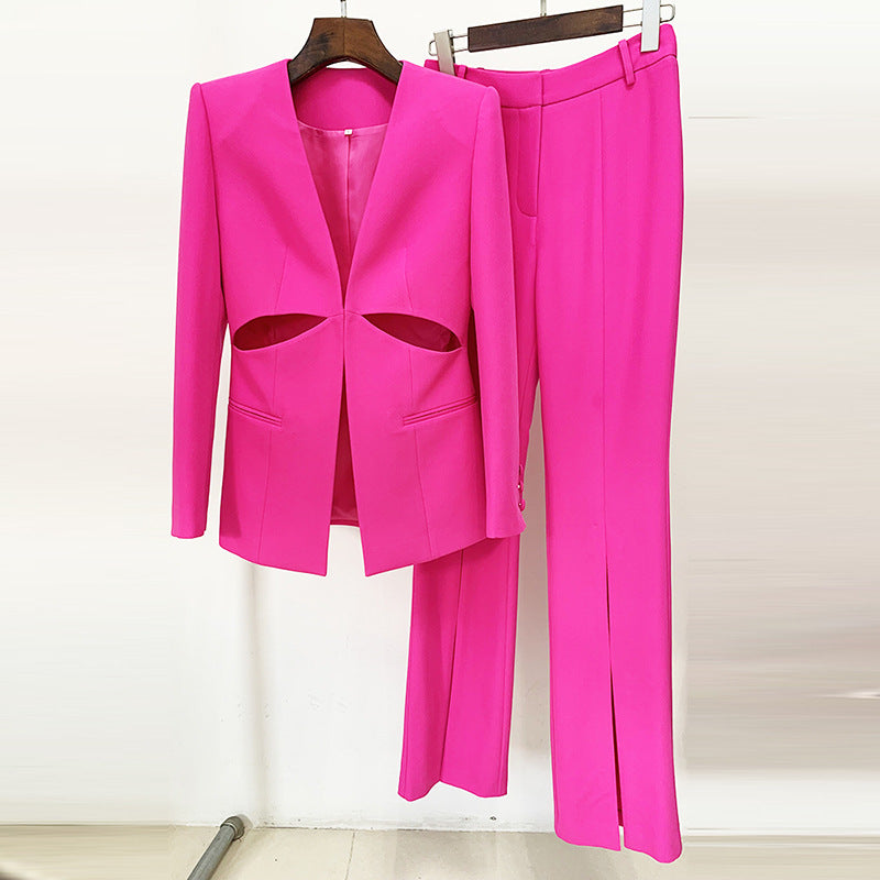 Dignified Hollow Out Cutout Collarless Blazer Slim Fit Slit Trousers Set
