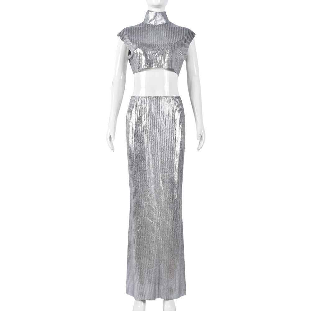 Autumn Sexy Metallic Coated Fabric Cropped Sleeveless Turtleneck Metal Skirt Set Women