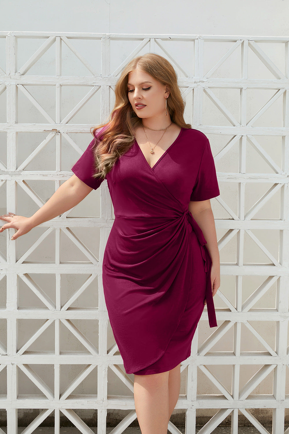 Plus Size Women Clothing Solid Color Casual Holiday Dress Bandage Vacation V Neck Mid Length Dress
