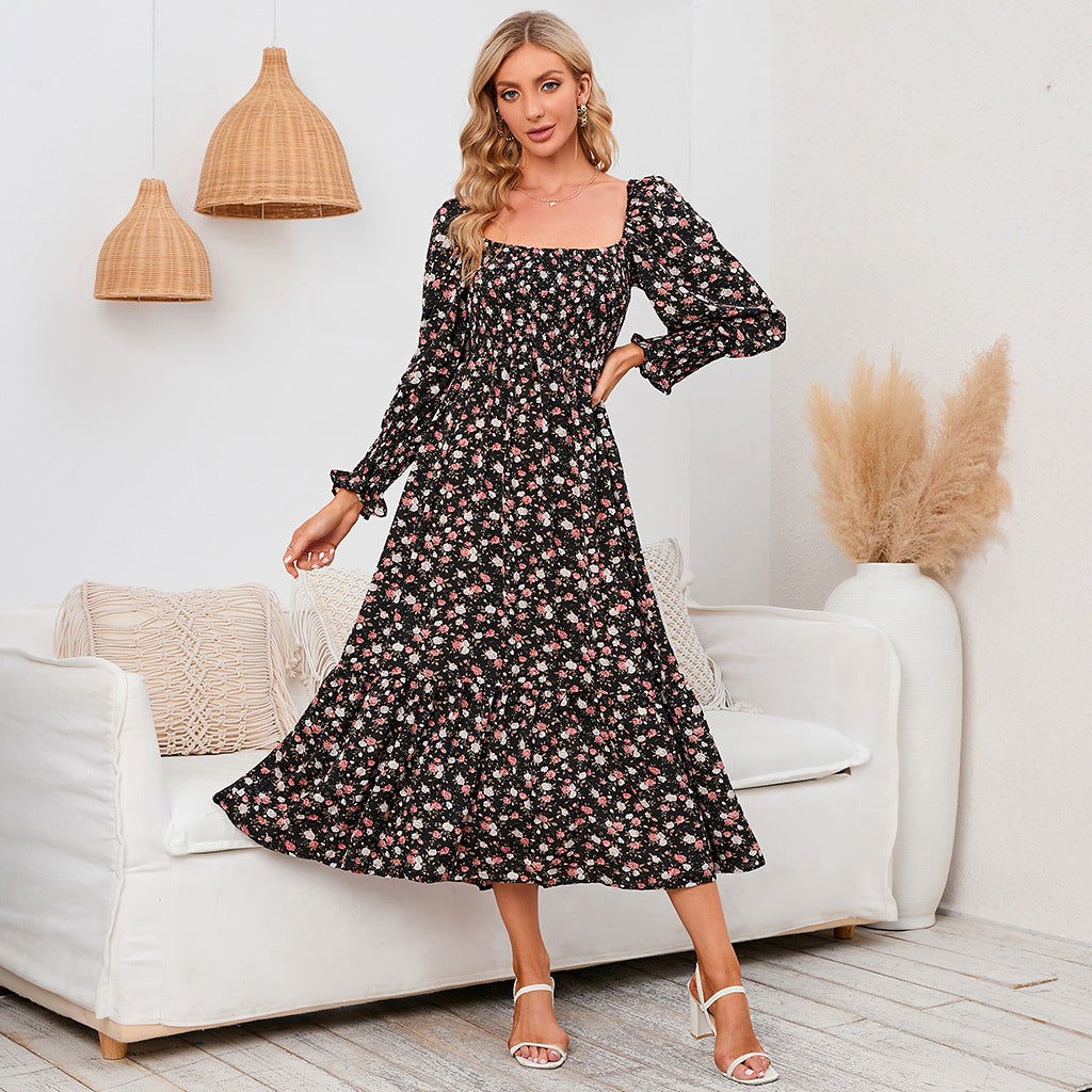 Spring Small Floral Dress Chiffon Long Sleeve Dress